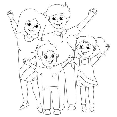 Colorear Para Niños Familia Feliz Mamá Papá Hijo Hija Se Paran Juntos Con Las Manos Arriba