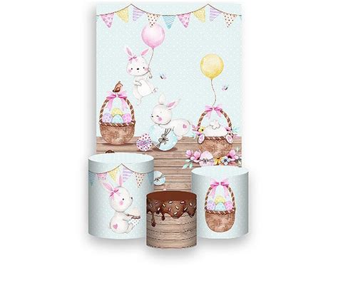 Painel De Festa Vertical Trio De Capas Cilindro Páscoa Doce Coelhos