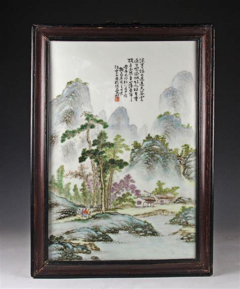 BEAUTIFUL LARGE OLD CHINESE PORCELAIN TILE LANDSCAPE WITH FIGURES