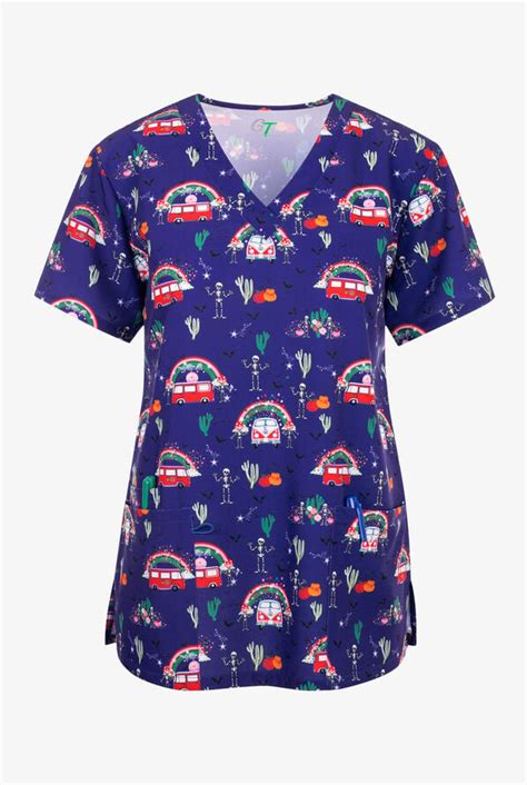 Green Town Hippie Skeleton Buses Hearts Women S 3 Pocket Stretch V Neck Print Scrub Top