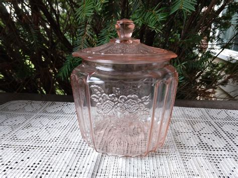 Mayfair Pink Depression Glass Cookie Jar W Lid Pressed Open Rose