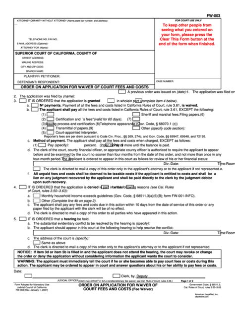 Fillable Form Fw 003 Order On Application For Waiver Of Court Fees