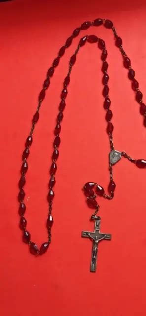 CHAPELET ANCIEN CRUCIFIX En Argent Massif Et Perle De Verre Rouge