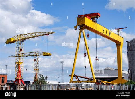 Eine der berühmten gelben Harland und Wolff Krane auf der Werft in der