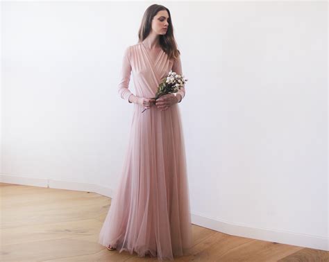 Pink Blush Maxi Tulle Dress With Long Sleeves Blogdresses