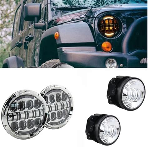 7 Inch 80w Round Led Headlights Drl Projection Headlamp 4 Led Fog Lights For Jeep Wrangler