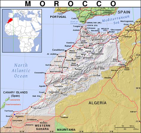 Detailed political map of Morocco with relief, roads and cities ...