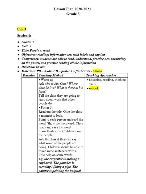 Lesson Plan Grade 3 Unit 3 Pdf Reading Comprehension Phonics