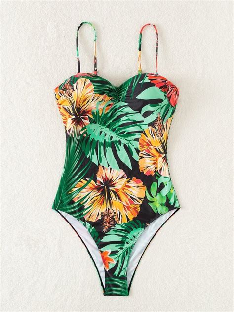 Random Tropical Print Push Up One Piece Swimsuit Shein Usa