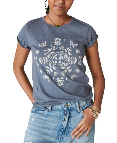 Lucky Brand Butterfly Bandana Classic Crewneck Embellished T Shirt In