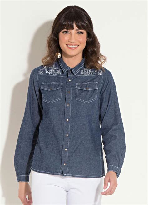 Camisa Jeans Bordada Azul Quintess