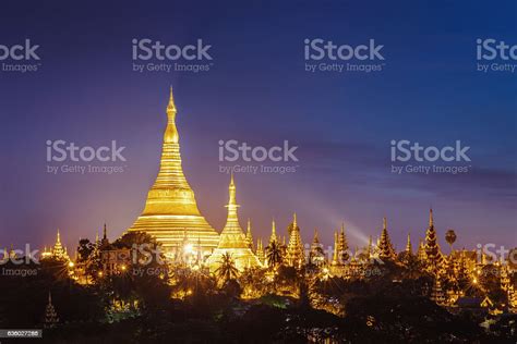 Aerial View Illuminated Shwedagon Pagoda At Night Yangon Myanmar Stock