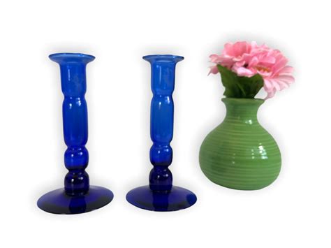 2 Vintage Blue Glass Candlestick Holders Pair Retro Candle Holders