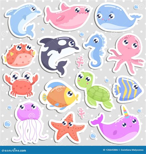 Cute Cartoon Sea Animal Stickers Stock Illustration Illustration Of