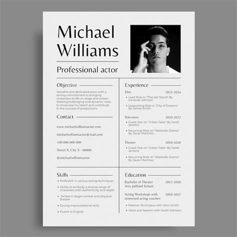 Free Vector Acting Resume Template Design