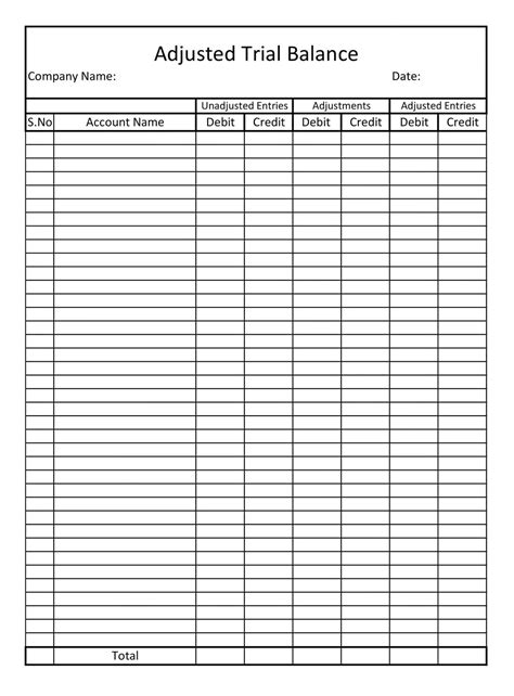 Adjusted Trial Balance Printable Pdf Instant Download Editable Ms Excel