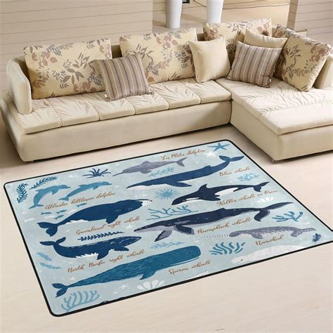 Dreamtimes Cut Whales Area Rug 72x48in Undersea Seashell Blue Non Slip