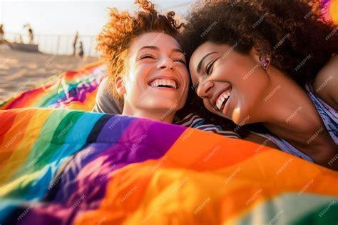 Premium Photo Happy Lesbian Couple Celebrating On The Beach The Lgbtq