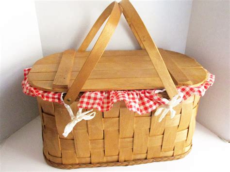 Vintage Picnic Basket Large Splint Wood Braid Trim Red Checked Etsy