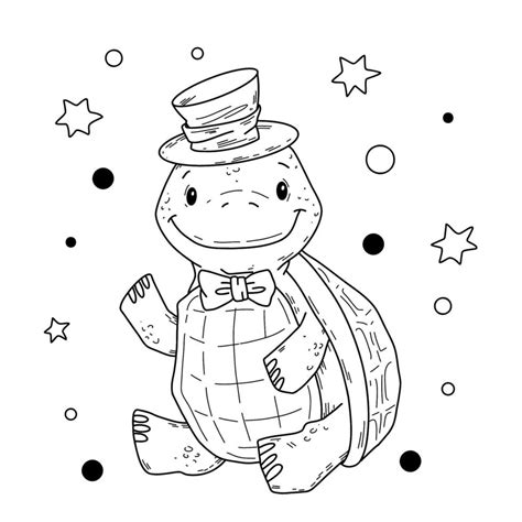 Illustration Of A Cute Turtle In A Hat In Doodle Style Hand Draw