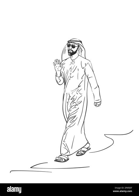 Sketch Of Muslim Arabic Man In Traditional Clothes Hand Drawn Vector