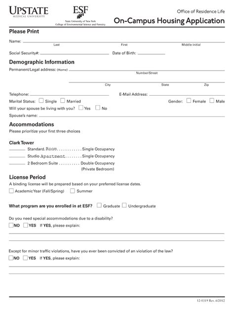 Office Of Residence Life On Campus Housing Application Please Print