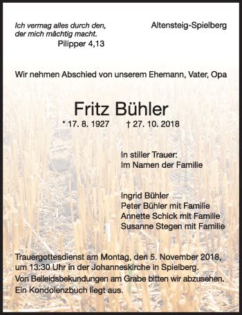 Traueranzeigen Von Fritz B Hler Schwarzw Lder Bote Trauer