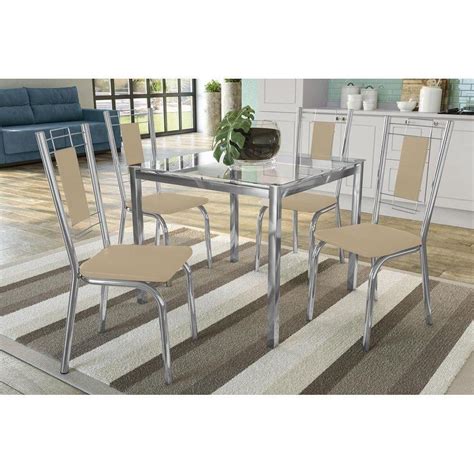 Conjunto Mesa Sala Jantar Reno c Tampo Vidro 90cm 4 Cadeiras Florença Cromado Courano Nude