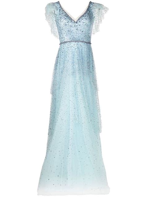 Jenny Packham Sequin Embellished Tulle Gown Blue Designer Evening