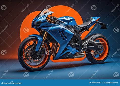 Blue Sport Motorbike On Blue Background With Orange Sun Generative Ai