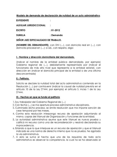 Demanda De Declaración De Nulidad De Un Acto Administrativo Pdf