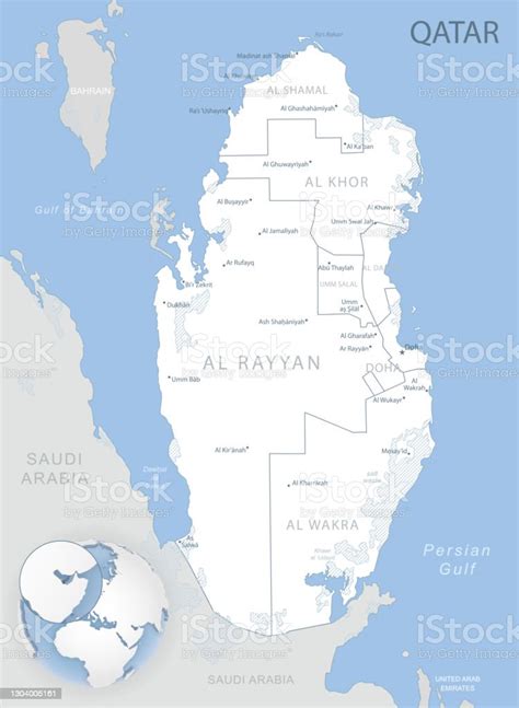カタールの行政部門と地球上の場所のブルーグレーの詳細な地図 ドーハのベクターアート素材や画像を多数ご用意 ドーハ 地図 3d