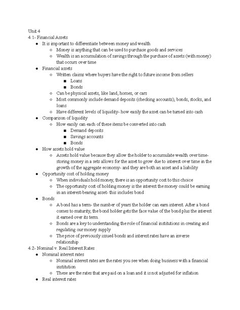 Ap Macro Unit 4 Review Lecture Notes Unit 4 4 Financial Assets It