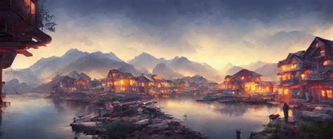 Fishing Village Crowded With Houses Around A Lake Stable Diffusion