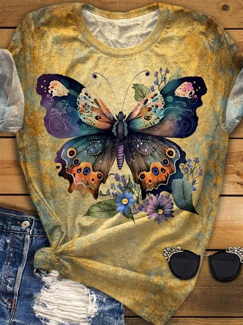 Vintage Floral Butterfly Crew Neck T Shirt Wonder Closets