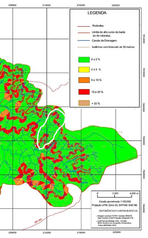 Mapa De Declividade Destacando A Microbacia Do C Rrego Do Barreiro