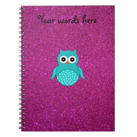 Cute turquoise owl pink glitter spiral notebook | Zazzle