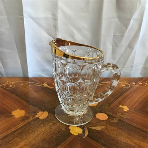 Vintage Footed Jeannette Clear Glass Thumbprint Pitcher Gold Etsy