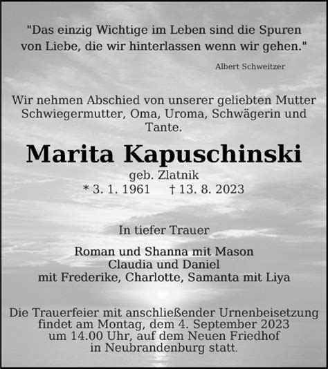 Traueranzeigen Von Marita Kapuschinski Trauer Nordkurier