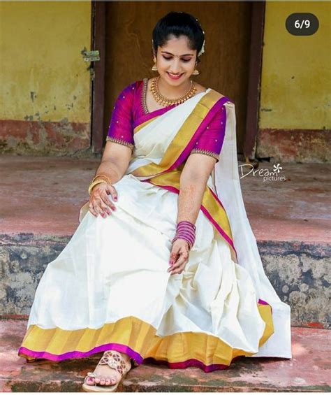 Traditional Kerala Gold Kasavu Tissue Dhavani With Purple Half Saree