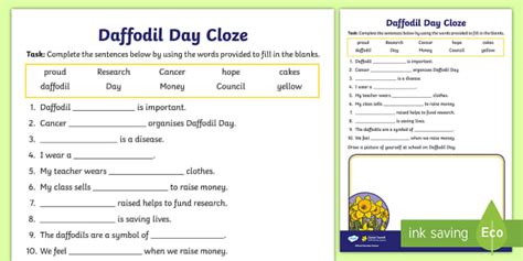 Free Daffodil Day Cloze Worksheet L Insegnante Ha Fatto