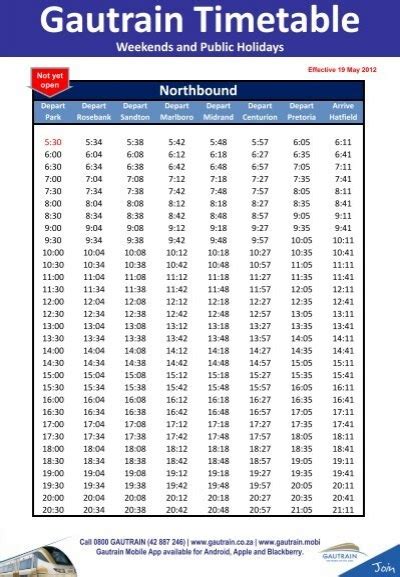 Gautrain Timetable Weekends and Public Holidays