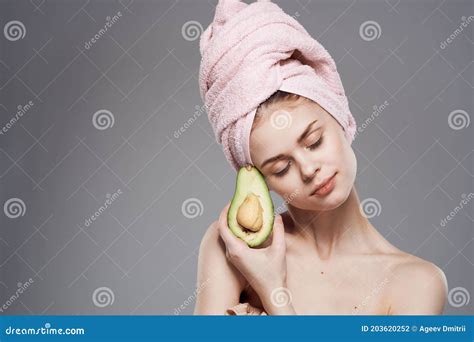 Pretty Woman Naked Shoulders Avocado In Hand Exotic Fruits Spa