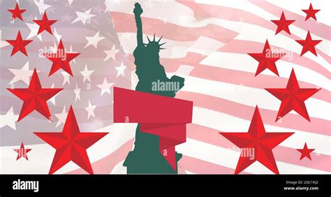 Composition Of Red Stars And Banner With Statue Of Liberty Over