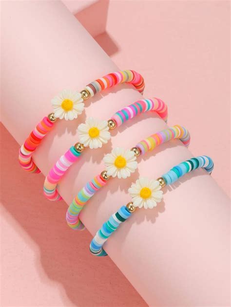 4pcs Girls Flower Decor Beaded Bracelet Bracelets Handmade Beaded