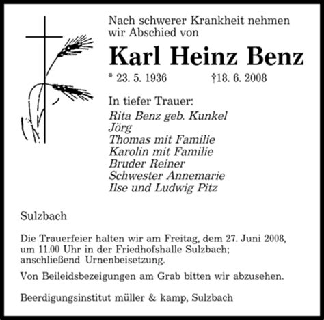 Traueranzeigen Von Karl Heinz Benz Saarbruecker Zeitung Trauer De