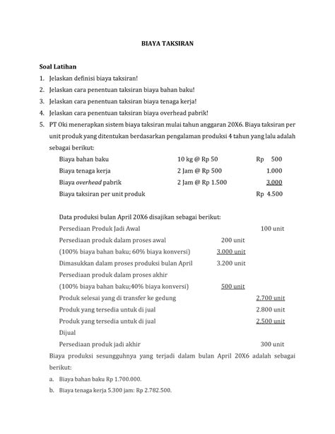 Sistem Biaya Taksiran Biaya Taksiran Soal Latihan Jelaskan Definisi
