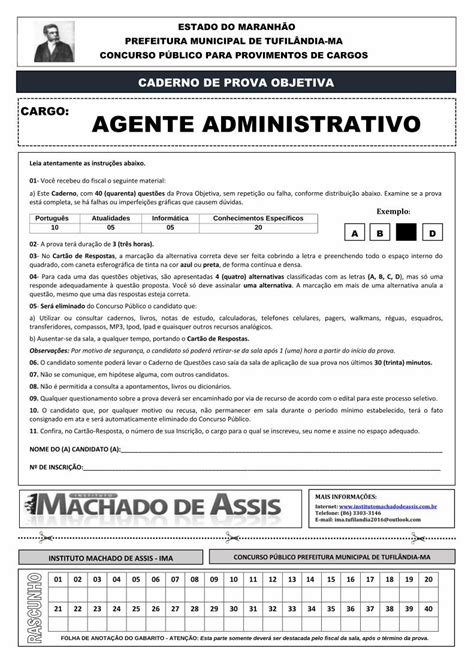 PDF CADERNO DE PROVA OBJETIVA CARGO AGENTE O Candidato Somente