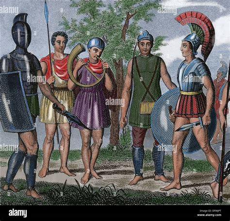 Ancient Age Etruria Soldiers And Archers Etruscan Colored Engraving