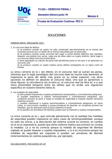 Solución PEC 5 SOL PEC 5 73 DERECHO PENAL I Semestre febrero